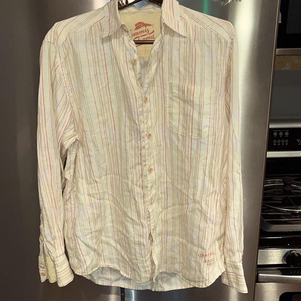 Tommy Bahama relax LINEN shirt Orange stripes long sleeved beach island summer L